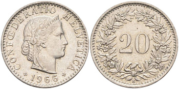 ШВЕЙЦАРИЯ 20 РАППЕНОВ 1966 В KM 29a медно-никель 55-843
