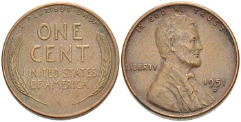 США 1 ЦЕНТ 1951 D, ЛИНКОЛЬН KM А132 медь цинк 3309-565