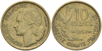 Франция 10 франков 1952 петух KM 915.1, Le Franc 363.4 алюминиевая бронза 187-732