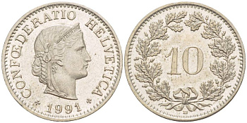 ШВЕЙЦАРИЯ 10 РАППЕНОВ 1991 В KM 27 медно-никель 4529-754