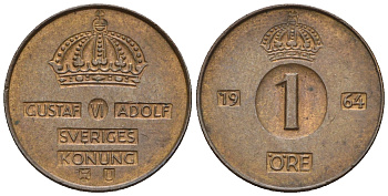 Швеция 1 эре 1964 U, Густав VI Адольф (1950-1973) KM 820 бронза 4609-1068