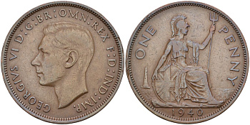 Великобритания 1 пенни 1940 Георг VI (1936-1952) KM 845, Spink 4114 бронза 4117-836