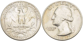 США 25 центов (квотер) 1967 Вашингтон KM 164a медь плакированная медно-никелем 4402-325
