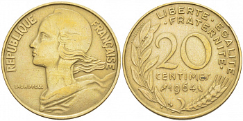 ФРАНЦИЯ 20 САНТИМОВ 1964 ТИП MARIANNE KM 930, LE FRANC 156.4 алюминиевая бронза 113-1225