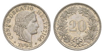 Швейцария 20 раппенов 1992 B KM 29a медно-никель 4623-516
