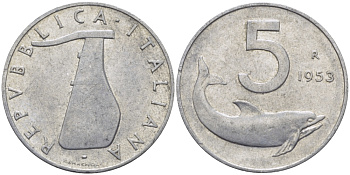 Италия 5 лир 1953 R, дельфин, плуг KM 92 алюминий 28-123