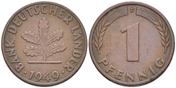 ФРГ 1 ПФЕННИГ 1949 F KM A101, J. 376 сталь плакированная медью 4181-533