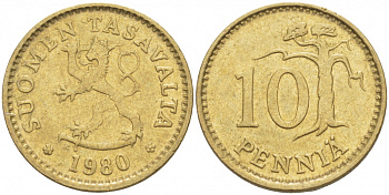 ФИНЛЯНДИЯ 10 ПЕННИ 1980 K KM 46 алюминиевая бронза UNC 3718-138