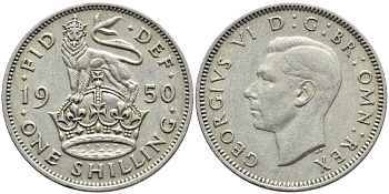 Великобритания 1 шиллинг 1950 Георг VI (1936-1952), Английский герб KM 876, Spink 4108 медно-никель 4395-1217