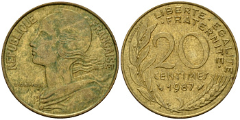 Франция 20 сантимов 1987 тип Marianne KM 930 алюминиевая бронза 4393-946