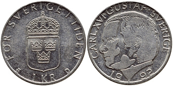 Швеция 1 крона 1992 Карл XVI Густав (1973- ) KM 852a медно-никель 4384-1013