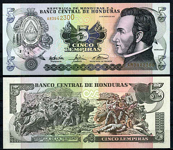 Гондурас 5 лемпира 2003 23 января 2003, Франсиско Морасан, сцена битвы за Тринидад Pick 85c бумага UNC (пресс) 447-34-1-3