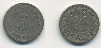 ГЕРМАНИЯ 5 ПФЕННИГОВ 1890 A, KM 11, J. 12 медно-никель 54-744