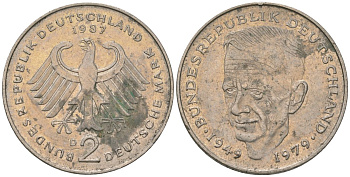 ФРГ 2 марки 1987 D, Курт Шумахер, 30 лет Федеративной Республике KM 149 медно-никель 4572-423