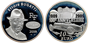 Франция 10 евро 2009 100 лет компании Бугатти, Этторе Бугатти, в оригинальной коробке, сертификат KM 1606 серебро PROOF 3-6-1-32
