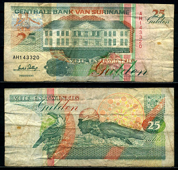 Суринам 25 гульденов 1996 здание Центрального банка, тукан, соревнования по плаванию Pick 138 c бумага 6285-48-1-2