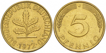 ФРГ 5 ПФЕННИГОВ 1972 J KM 107, J. 382 сталь плакированная латунью 4532-1249