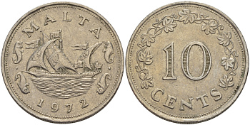 Мальта 10 центов 1972 баржа Великого магистра KM 11 медно-никель 82-444