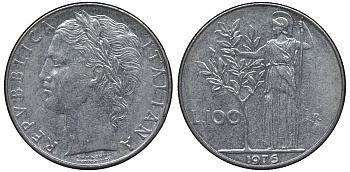 Италия 100 лир 1976 R, Афина в доспехах KM 96.1 нержавеющая сталь 4123-1234