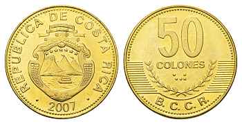 Коста-Рика 50 колонов 2007 KM 231.1b сталь плакированная латунью UNC M84-11