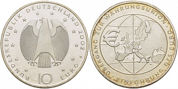 ФРГ 10 евро 2002 F, введение европейской валюты KM 215, DE.S. 10.1 серебро UNC 1082-9-22