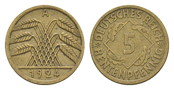 Германия 5 рентенпфеннигов 1924 A KM 32, J. 308 алюминиевая бронза 4644-1127