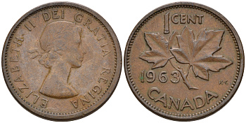 Канада 1 цент 1963 Елизавета II (1952-2022), кленовый лист KM 49 бронза    4160-1159