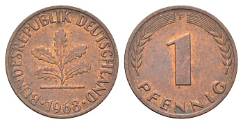 ФРГ 1 пфенниг 1968 F KM 105, J. 380 сталь плакированная медью 4697-548