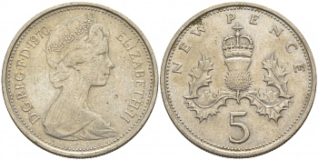 Великобритания 5 пенсов 1970 Елизавета II (1952-2022) KM 911, Spink 4233 (D1) медно-никель 77-211