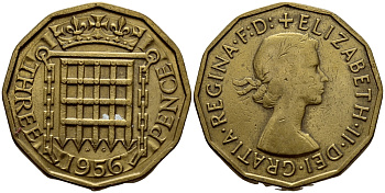 Великобритания 3 пенса 1956 Елизавета II (1952-2022) KM 900, Spink 4153 никель латунь 4393-425