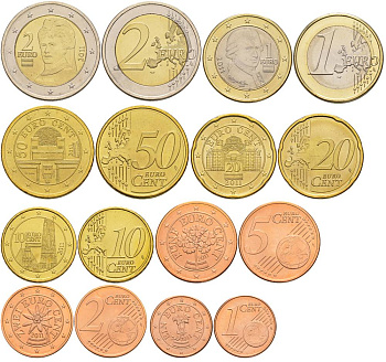 АВСТРИЯ ЕВРОНАБОР ИЗ 8 МОНЕТ 2011 1, 2, 5, 10, 20, 50 ЕВРОЦЕНТОВ, 1 И 2 ЕВРО UNC 183-451