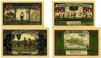 КЁНИГЗАУЕ (KONIGSAUE) лот из 2 БАНКНОТ 1921 10 ИЮНЯ 1921, НОТГЕЛЬД (50 И 100 пфеннигов), ЗЕМЛЯ Grabowski 721.1а бумага 2195-7-1-1