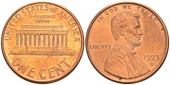 США 1 цент 1993 D, Авраам Линкольн KM 201b цинк плакированный медью 188-244