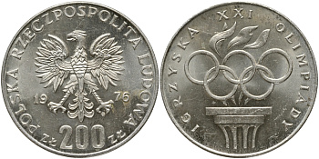 Польша 200 злотых 1976 MW, XXI олимпийские игры 1976 года в Монреале, кольца KM 86, Parchimowicz 306а серебро UNC 441-1045