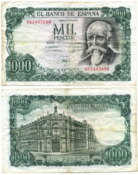 Испания 1000 песет 1971 (1974) Хосе Эчегерай-и-Эйсагирре, 100 лет со дня того, как Banco de España стал единственным банком-эмитентом (1874–1974) Pick 154 бумага 8592-9-3-2