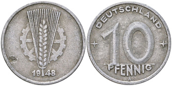ГДР 10 пфеннигов 1948 A KM 3 алюминий 4613-948