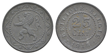 Бельгия 25 сантимов 1915 германская оккупация Первая мировая война, Альберт I (1909-1934) KM 82 цинк 4156-711