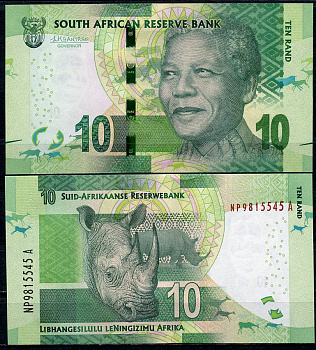 ЮАР 10 рандов ND (2013-2016) Нельсон Мандела, носорог Pick 138 b  бумага  UNC (пресс) 448-101-1