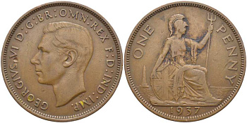 Великобритания 1 пенни 1937 Георг VI (1936-1952) КМ 845, Spink 4114 бронза 115-332