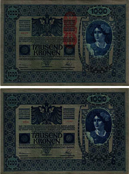 АВСТРИЯ 1000 КРОН 1919 КРАСНАЯ ВЕРТИКАЛЬНАЯ НАДПЕЧАТКА НА 1902 Pick 59 бумага XF 8606-42-1