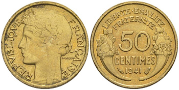 Франция 50 сантимов 1941 тип Морлон KM 894.1, Le Franc 192.18 алюминиевая бронза 44-356