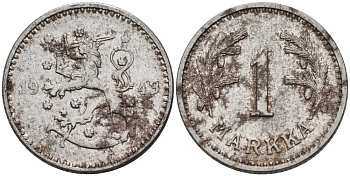 ФИНЛЯНДИЯ 1 МАРКА 1943 S KM 30b железо 4563-647