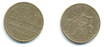 Франция 10 франков 1978 тип Матье KM 940, Le Franc 365.11-12 никель латунь 89-1421