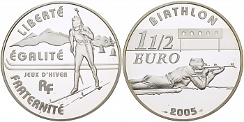 Франция 1 1/2 евро 2005 биатлон KM 1423 серебро PROOF 11-101-22