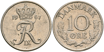 Дания 10 эре 1967 C; S, Фредерик IX (1947-1972) KM 849.1 медно-никель UNC 08-1443