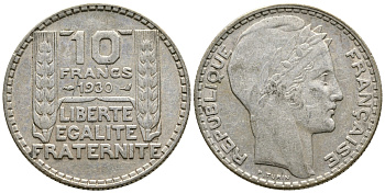 Франция 10 франков 1930 Пьер Тюрен KM 878, Le Franc 360.3 серебро 79-321