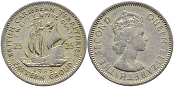 Британские Восточно-Карибские территории 25 центов 1965 Елизавета II (1952-2022), парусник KM 6 медно-никель 83-1716