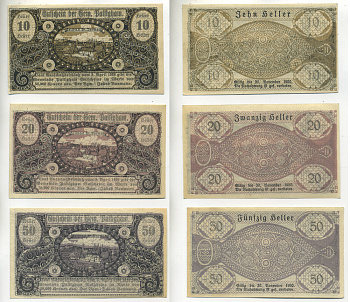 АВСТРИЯ НАБОР ИЗ 3 БАНКНОТ 1920 3 АПРЕЛЯ 1920-30 ДЕКАБРЯ 1920, НОТГЕЛЬД, 10, 20, 50 ГЕЛЛЕРОВ, BATTIGHAM бумага XF 6279-9-3-2
