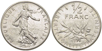 ФРАНЦИЯ 1/2 ФРАНКА 1977 СЕЯТЕЛЬ KM 931.1, LE FRANC 198.16 никель 175-954