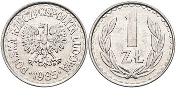 Польша 1 злотый 1985 MW, Народная Республика KM 49.1, Parchimowicz 213x алюминий UNC 4364-2116
